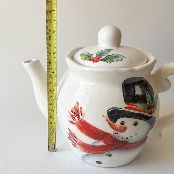 Vintage Hand Painted Christmas Teapot Top Hat Snowman Holly Berries by Maxcera - Picture 5 of 8